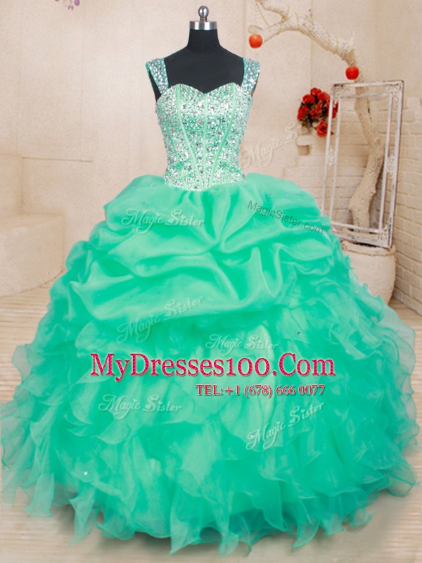 Straps Sleeveless Quinceanera Gown Floor Length Beading and Ruffles and Pick Ups Turquoise Organza