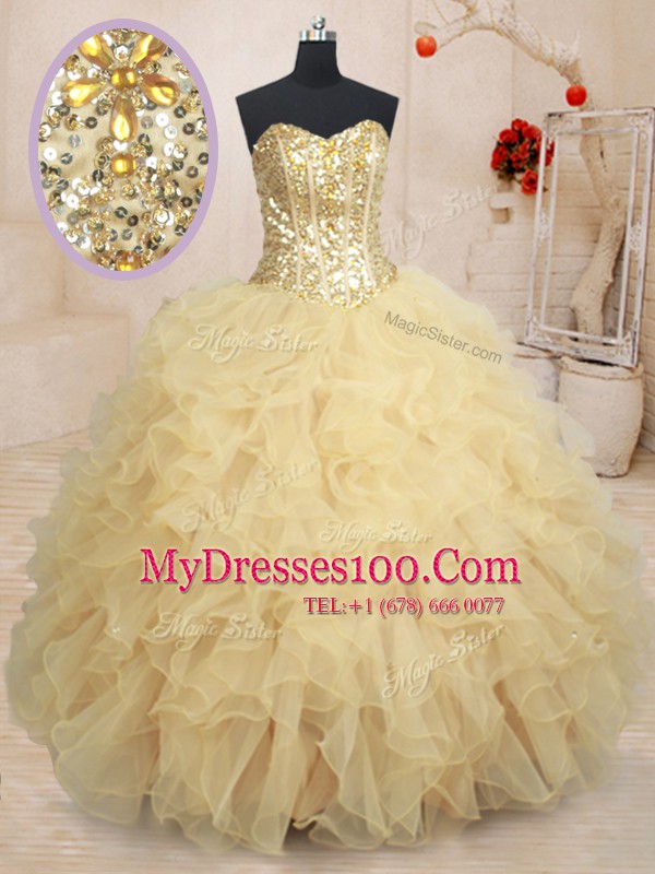 Spectacular Beading and Ruffles and Sequins 15th Birthday Dress Champagne Lace Up Sleeveless Floor Length