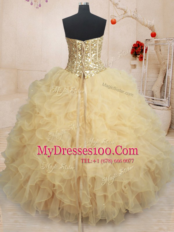 Spectacular Beading and Ruffles and Sequins 15th Birthday Dress Champagne Lace Up Sleeveless Floor Length