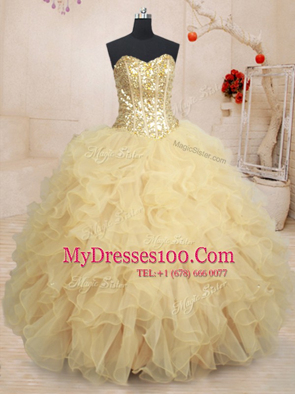 Spectacular Beading and Ruffles and Sequins 15th Birthday Dress Champagne Lace Up Sleeveless Floor Length