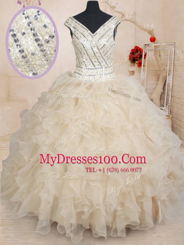 Champagne Sweet 16 Quinceanera Dress Military Ball and Sweet 16 and Quinceanera and For with Beading and Ruffles and Sequins V-neck Cap Sleeves Zipper