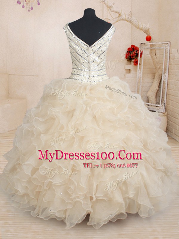 Champagne Sweet 16 Quinceanera Dress Military Ball and Sweet 16 and Quinceanera and For with Beading and Ruffles and Sequins V-neck Cap Sleeves Zipper