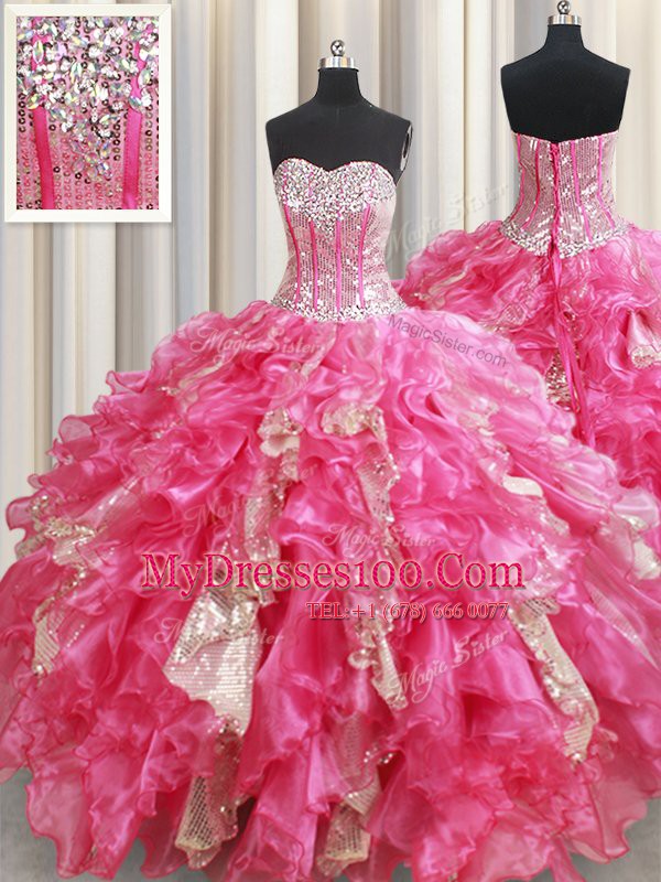 Shining Floor Length Lace Up Quince Ball Gowns Hot Pink for Military Ball and Sweet 16 and Quinceanera with Beading and Ruffles and Sequins
