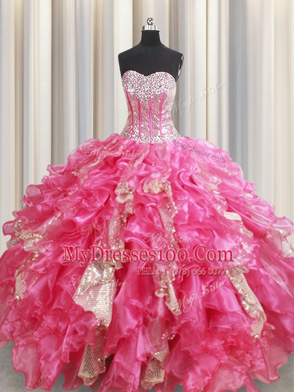 Shining Floor Length Lace Up Quince Ball Gowns Hot Pink for Military Ball and Sweet 16 and Quinceanera with Beading and Ruffles and Sequins