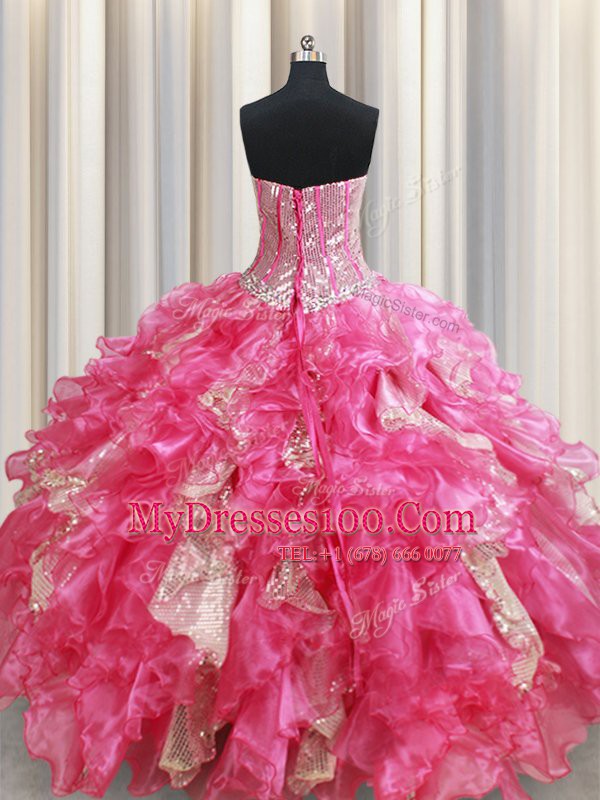Shining Floor Length Lace Up Quince Ball Gowns Hot Pink for Military Ball and Sweet 16 and Quinceanera with Beading and Ruffles and Sequins