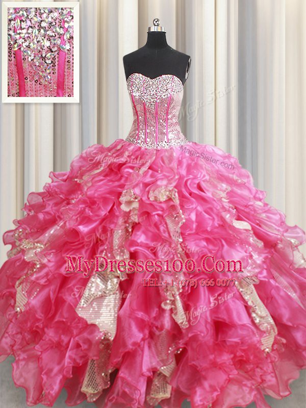 Shining Floor Length Lace Up Quince Ball Gowns Hot Pink for Military Ball and Sweet 16 and Quinceanera with Beading and Ruffles and Sequins