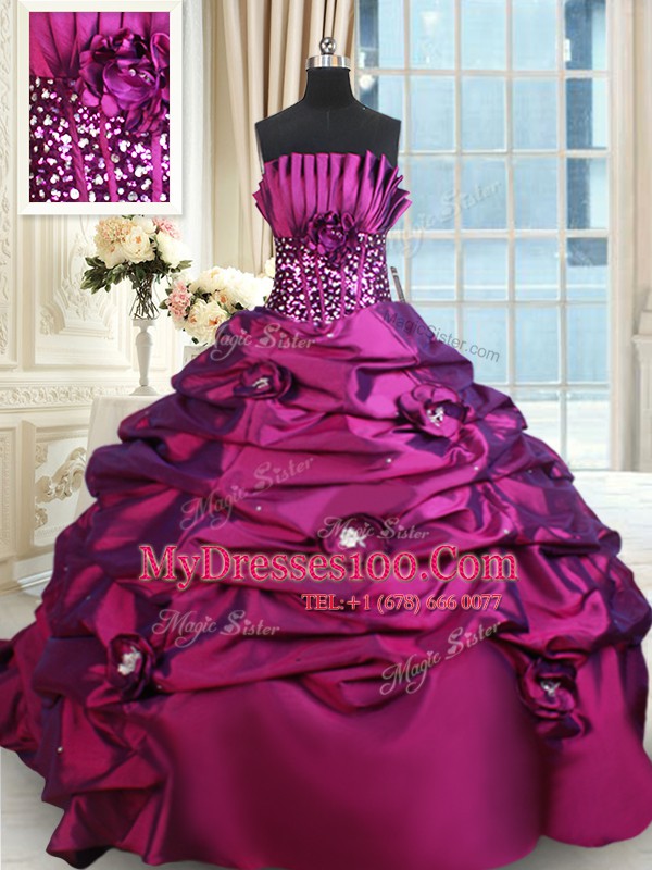 Sleeveless Taffeta Brush Train Lace Up Quinceanera Gown in Purple with Beading and Sequins