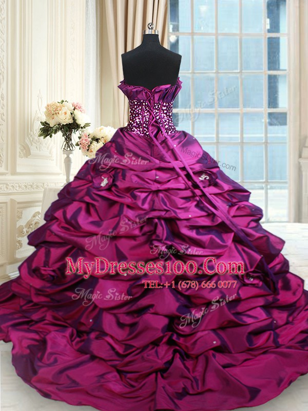 Sleeveless Taffeta Brush Train Lace Up Quinceanera Gown in Purple with Beading and Sequins