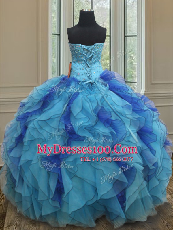Elegant Organza Sleeveless Floor Length Vestidos de Quinceanera and Beading and Ruffles