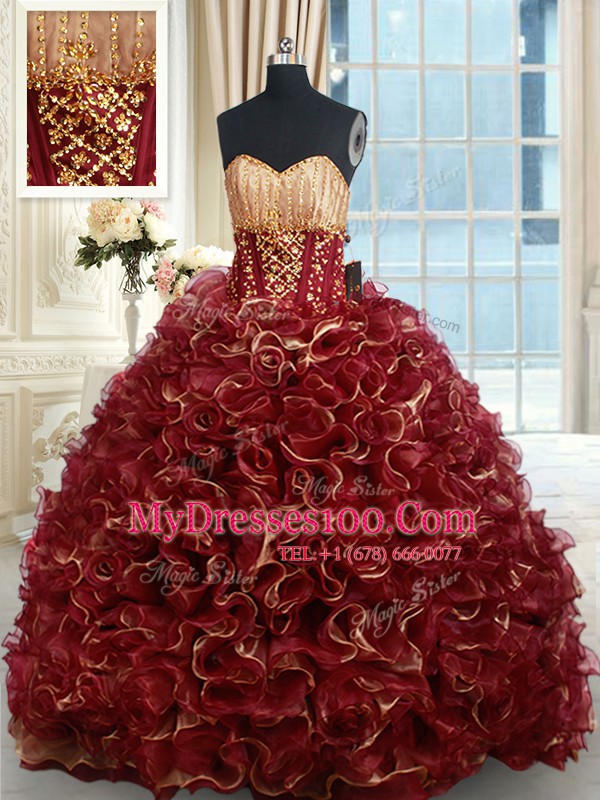 Custom Designed Burgundy Sweetheart Lace Up Beading and Ruffles Sweet 16 Dress Brush Train Sleeveless