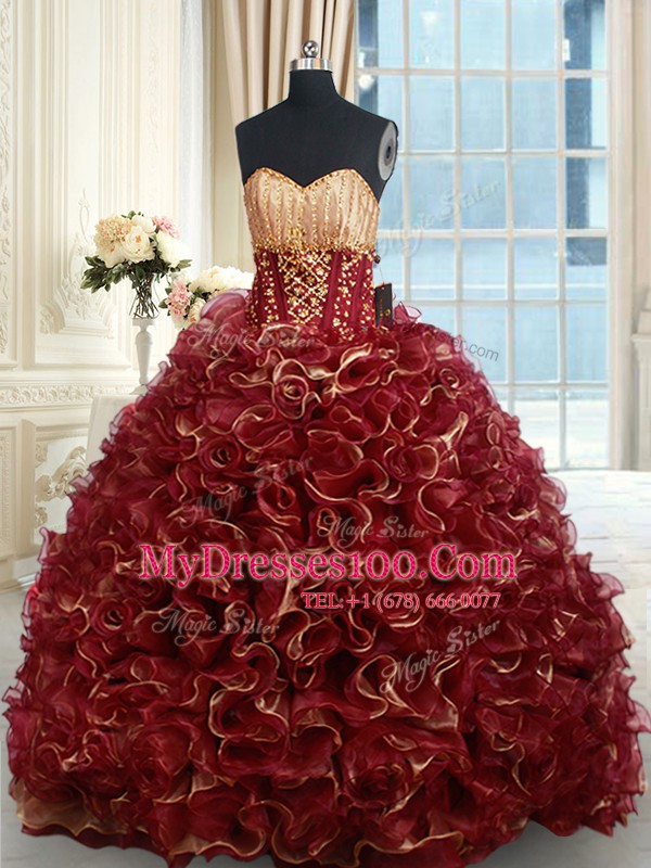 Custom Designed Burgundy Sweetheart Lace Up Beading and Ruffles Sweet 16 Dress Brush Train Sleeveless