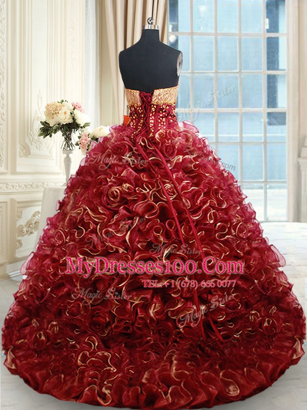 Custom Designed Burgundy Sweetheart Lace Up Beading and Ruffles Sweet 16 Dress Brush Train Sleeveless