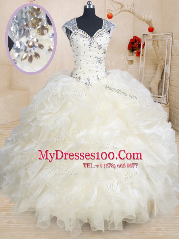 Straps Champagne Cap Sleeves Organza Zipper Sweet 16 Quinceanera Dress for Military Ball and Sweet 16 and Quinceanera