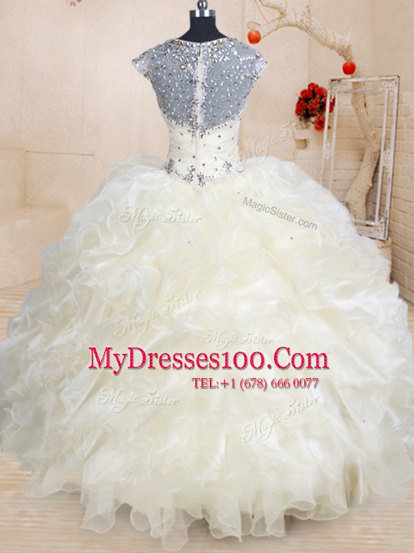 Straps Champagne Cap Sleeves Organza Zipper Sweet 16 Quinceanera Dress for Military Ball and Sweet 16 and Quinceanera