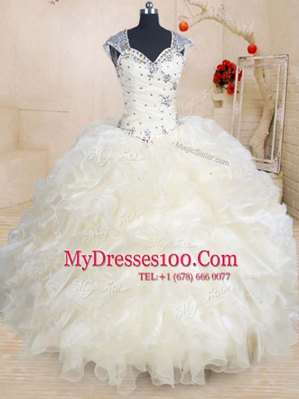Straps Champagne Cap Sleeves Organza Zipper Sweet 16 Quinceanera Dress for Military Ball and Sweet 16 and Quinceanera