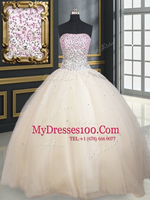 Champagne Lace Up Strapless Beading Ball Gown Prom Dress Tulle Sleeveless