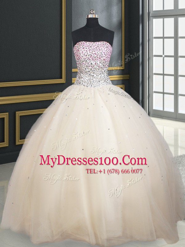 Champagne Lace Up Strapless Beading Ball Gown Prom Dress Tulle Sleeveless