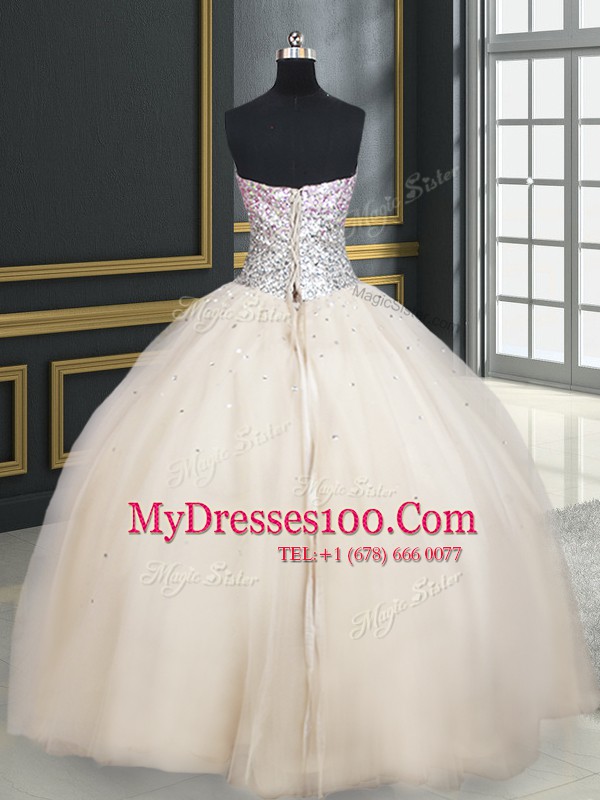 Champagne Lace Up Strapless Beading Ball Gown Prom Dress Tulle Sleeveless