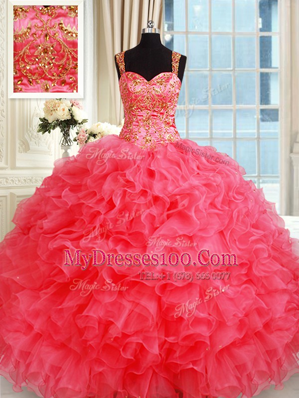 High End Straps Coral Red Lace Up Quinceanera Dress Beading and Ruffles Sleeveless Floor Length