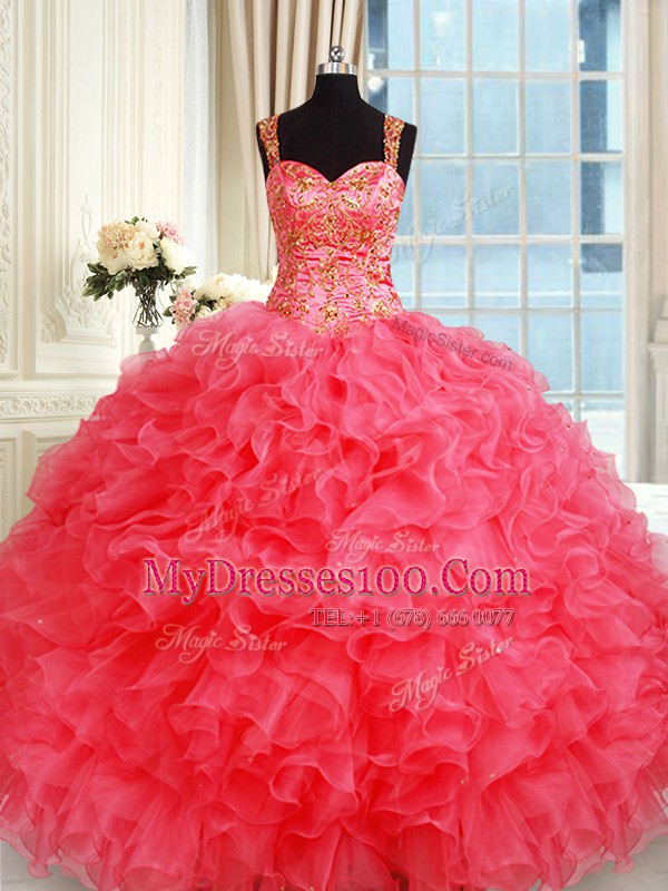 High End Straps Coral Red Lace Up Quinceanera Dress Beading and Ruffles Sleeveless Floor Length