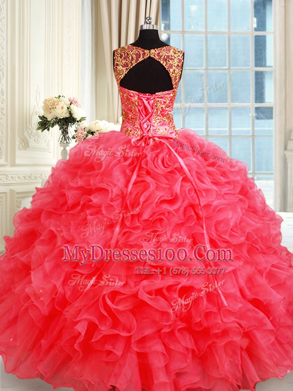 High End Straps Coral Red Lace Up Quinceanera Dress Beading and Ruffles Sleeveless Floor Length