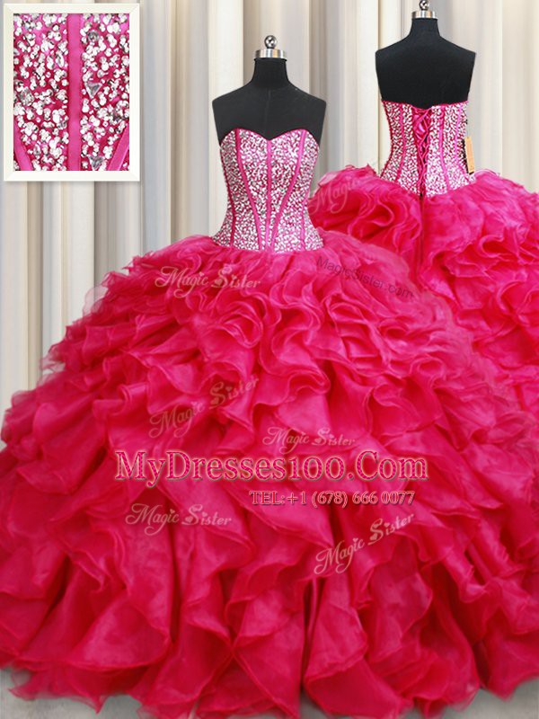 Chic Coral Red Lace Up Sweetheart Beading and Ruffles Ball Gown Prom Dress Organza Sleeveless Brush Train