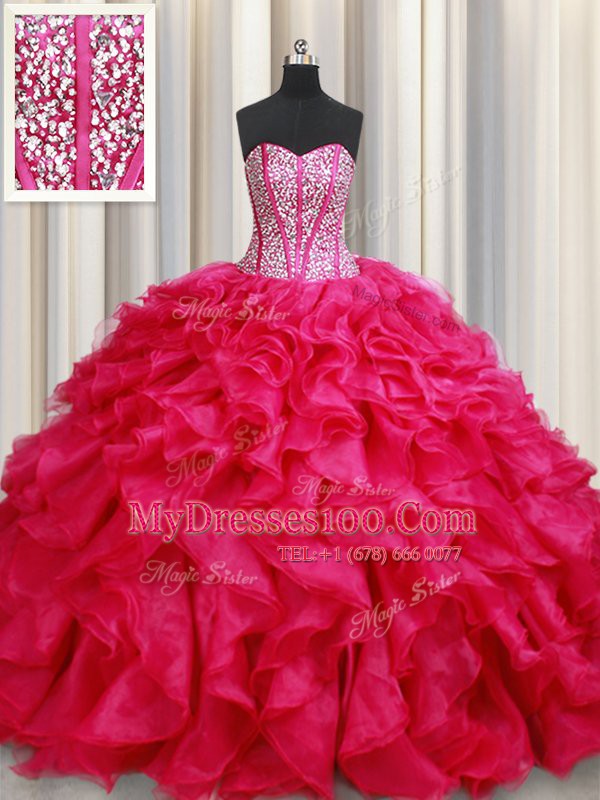 Chic Coral Red Lace Up Sweetheart Beading and Ruffles Ball Gown Prom Dress Organza Sleeveless Brush Train