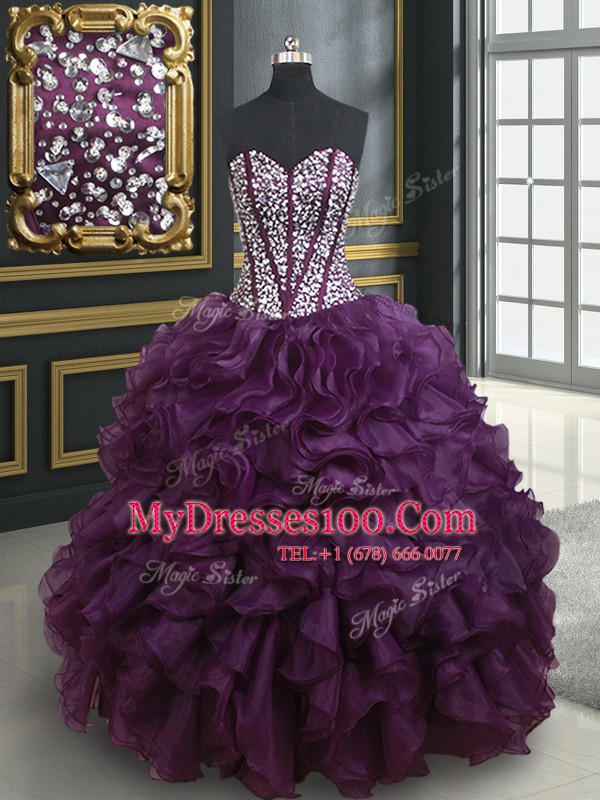 Ball Gowns Quinceanera Gowns Dark Purple Sweetheart Organza Sleeveless Floor Length Lace Up