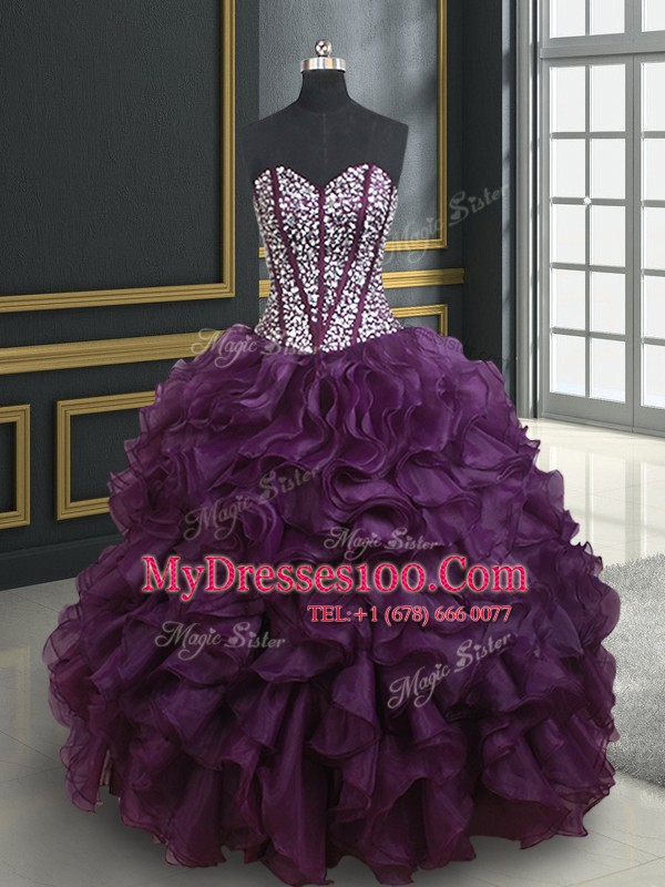 Ball Gowns Quinceanera Gowns Dark Purple Sweetheart Organza Sleeveless Floor Length Lace Up