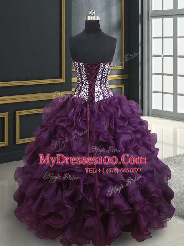 Ball Gowns Quinceanera Gowns Dark Purple Sweetheart Organza Sleeveless Floor Length Lace Up