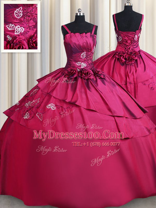 Fantastic Straps Floor Length Burgundy 15 Quinceanera Dress Satin Sleeveless Embroidery and Hand Made Flower