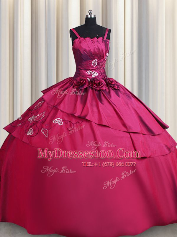 Fantastic Straps Floor Length Burgundy 15 Quinceanera Dress Satin Sleeveless Embroidery and Hand Made Flower