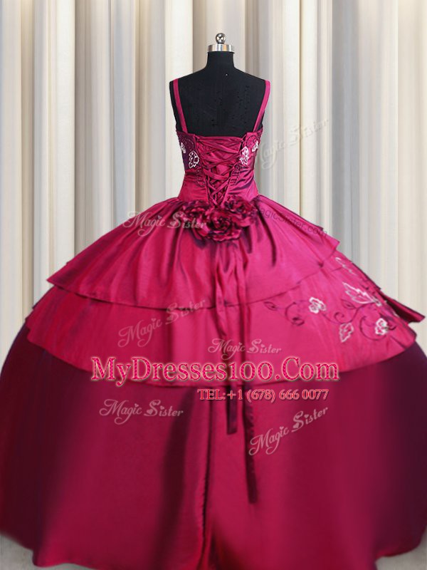 Fantastic Straps Floor Length Burgundy 15 Quinceanera Dress Satin Sleeveless Embroidery and Hand Made Flower