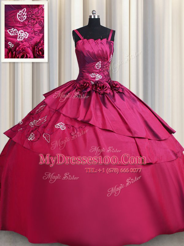 Fantastic Straps Floor Length Burgundy 15 Quinceanera Dress Satin Sleeveless Embroidery and Hand Made Flower