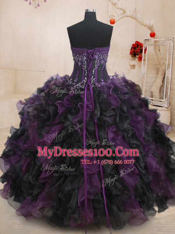 Black And Purple Organza Lace Up Strapless Sleeveless Floor Length Quinceanera Gown Beading and Ruffles