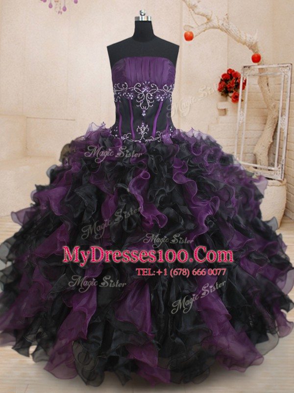 Black And Purple Organza Lace Up Strapless Sleeveless Floor Length Quinceanera Gown Beading and Ruffles