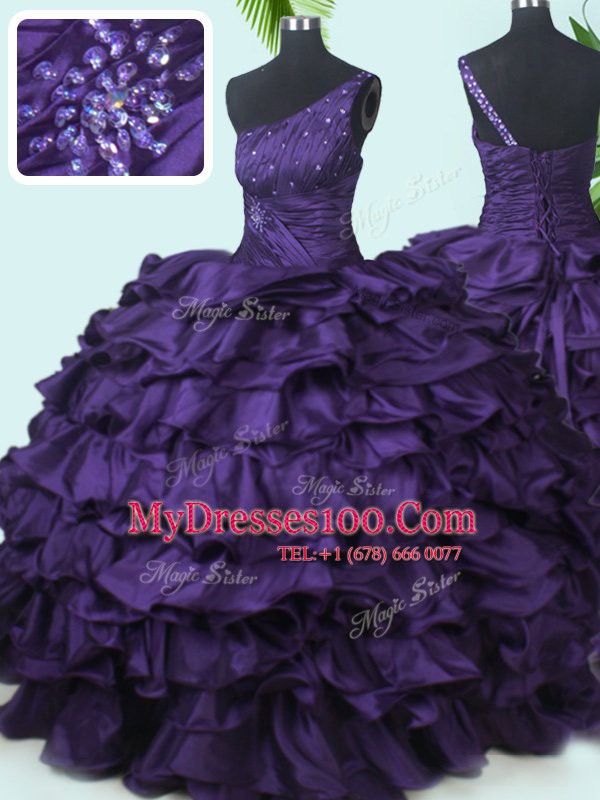 One Shoulder Purple Ball Gowns Beading and Pick Ups Sweet 16 Dresses Lace Up Taffeta Sleeveless Floor Length