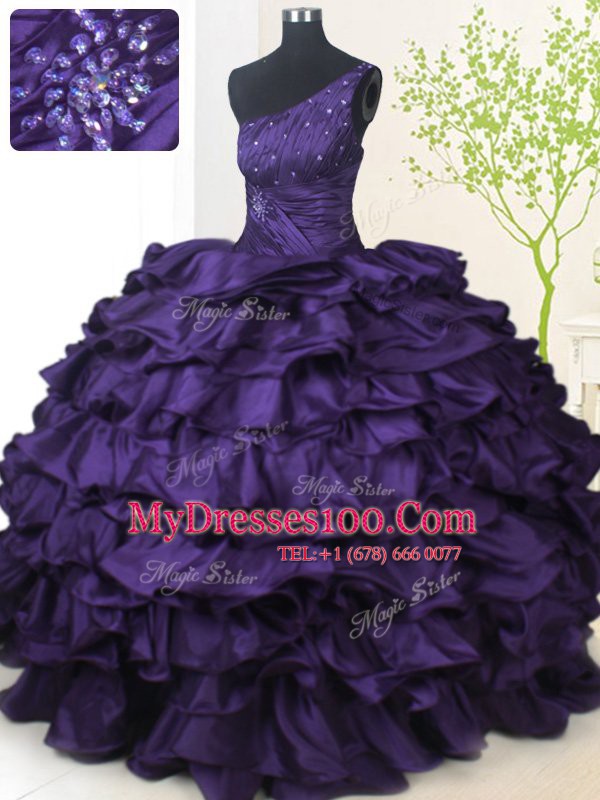 One Shoulder Purple Ball Gowns Beading and Pick Ups Sweet 16 Dresses Lace Up Taffeta Sleeveless Floor Length