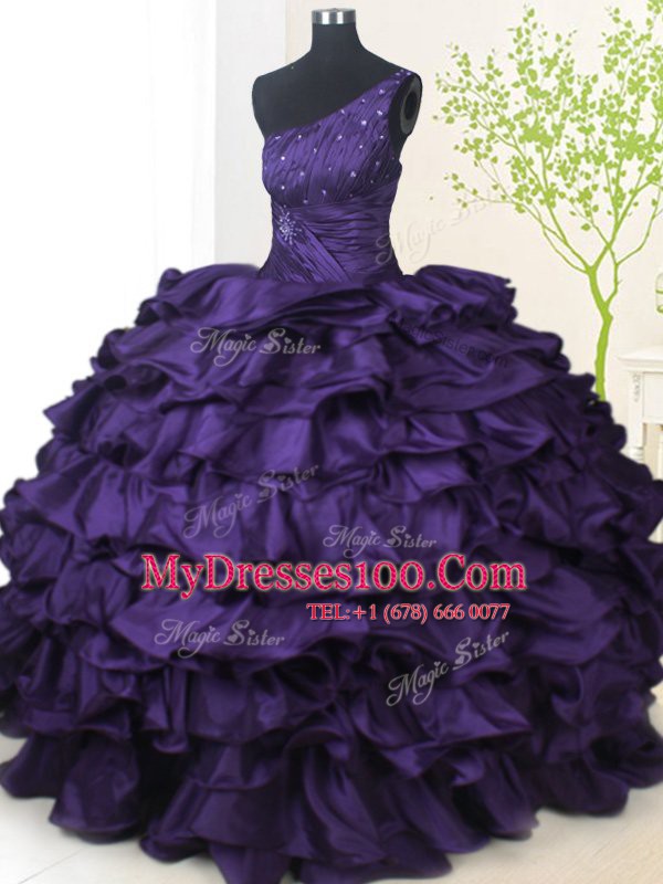 One Shoulder Purple Ball Gowns Beading and Pick Ups Sweet 16 Dresses Lace Up Taffeta Sleeveless Floor Length