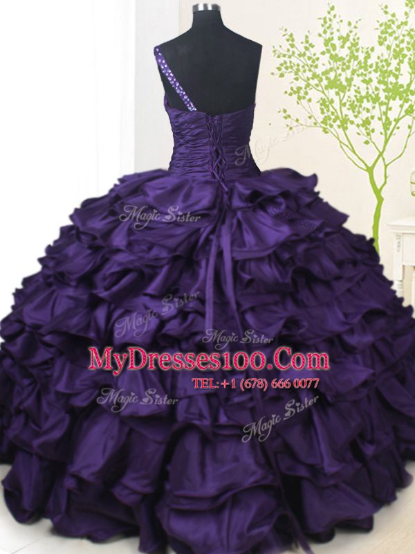 One Shoulder Purple Ball Gowns Beading and Pick Ups Sweet 16 Dresses Lace Up Taffeta Sleeveless Floor Length