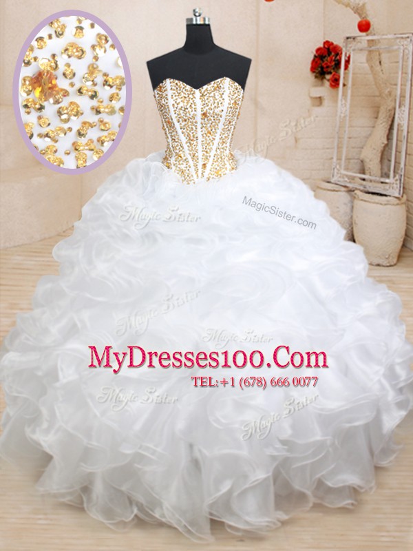 White Sleeveless Beading and Ruffles Floor Length Sweet 16 Dress