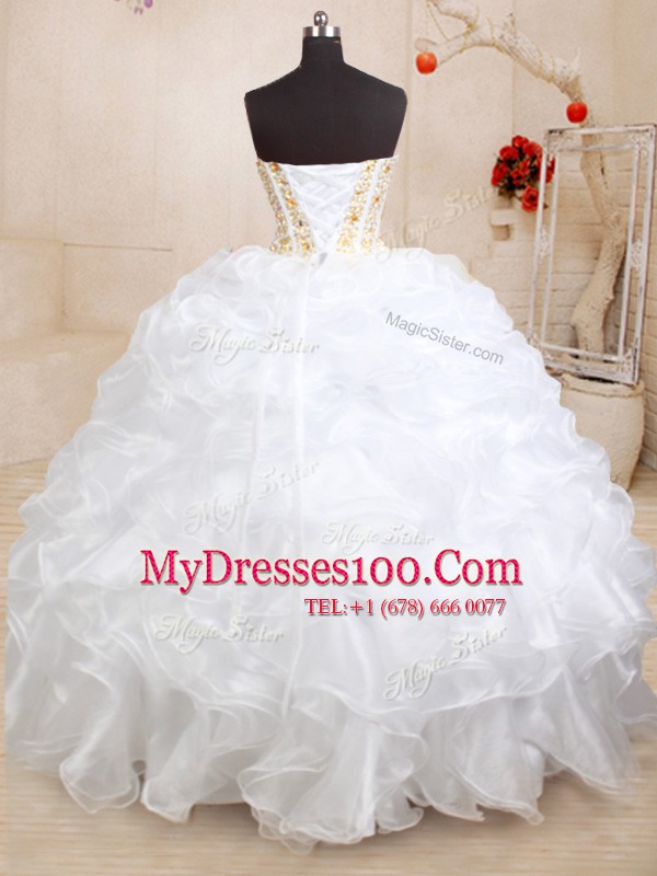 White Sleeveless Beading and Ruffles Floor Length Sweet 16 Dress