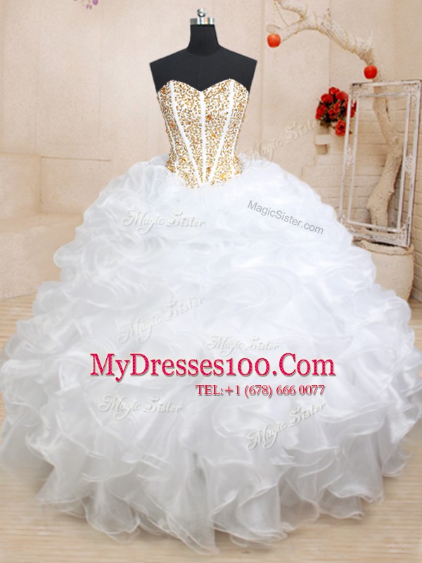 White Sleeveless Beading and Ruffles Floor Length Sweet 16 Dress