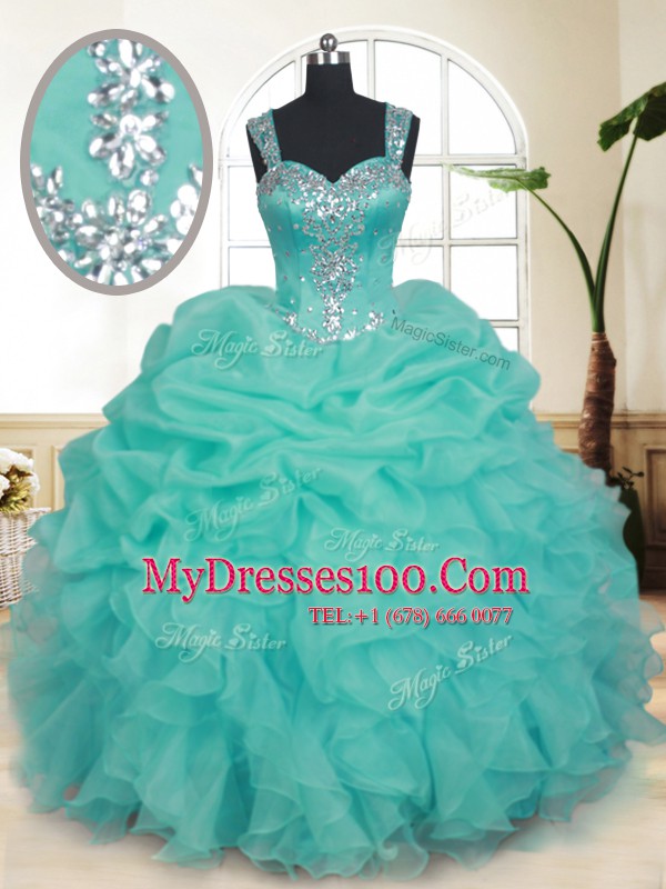 Captivating Straps Organza Sleeveless Floor Length Quinceanera Dresses and Beading and Ruffles and Pick Ups