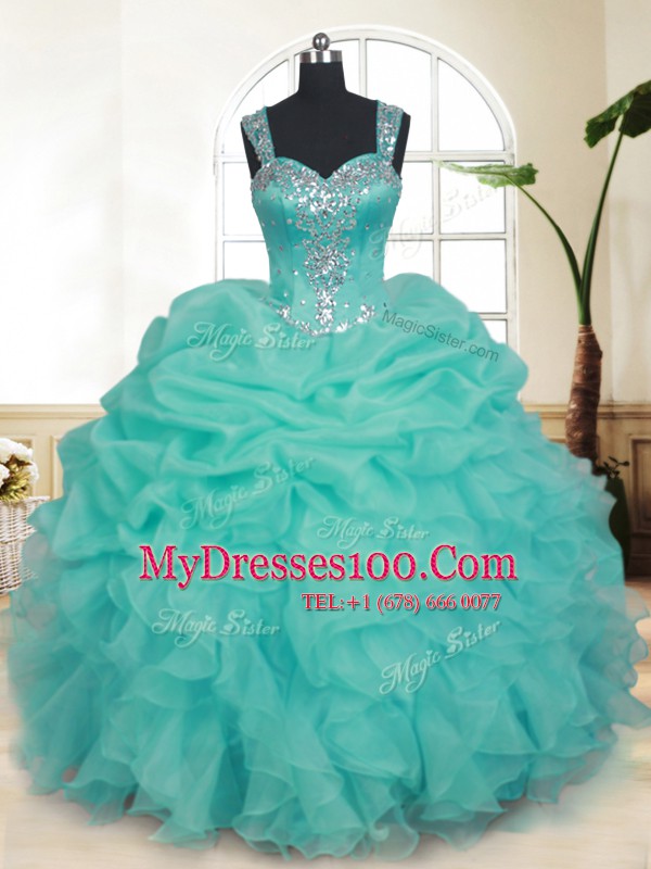 Captivating Straps Organza Sleeveless Floor Length Quinceanera Dresses and Beading and Ruffles and Pick Ups