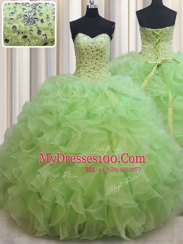Simple Yellow Green Sweetheart Neckline Beading and Ruffles Sweet 16 Quinceanera Dress Sleeveless Lace Up