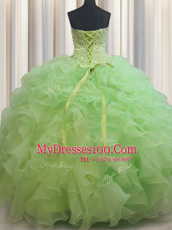 Simple Yellow Green Sweetheart Neckline Beading and Ruffles Sweet 16 Quinceanera Dress Sleeveless Lace Up