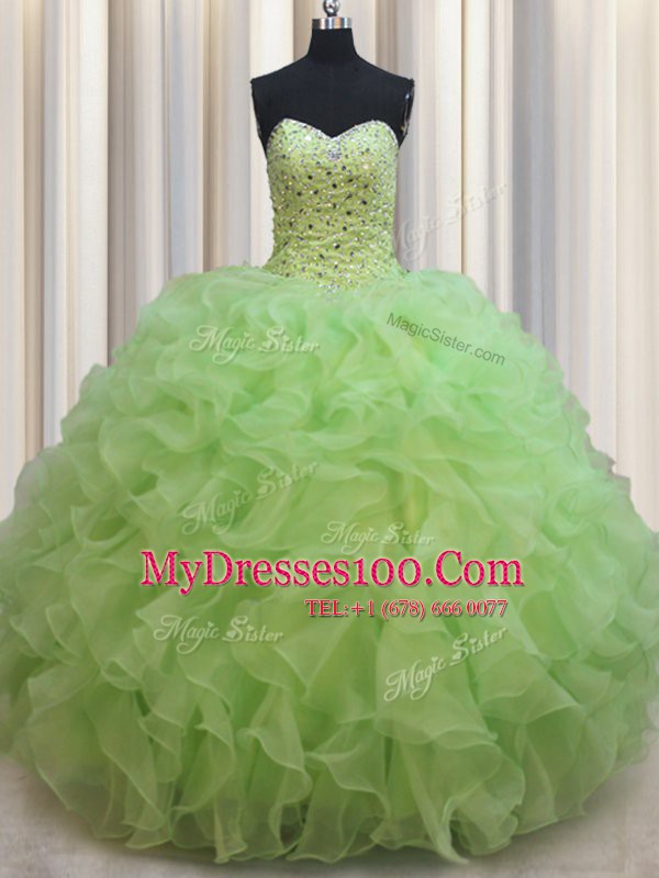 Simple Yellow Green Sweetheart Neckline Beading and Ruffles Sweet 16 Quinceanera Dress Sleeveless Lace Up