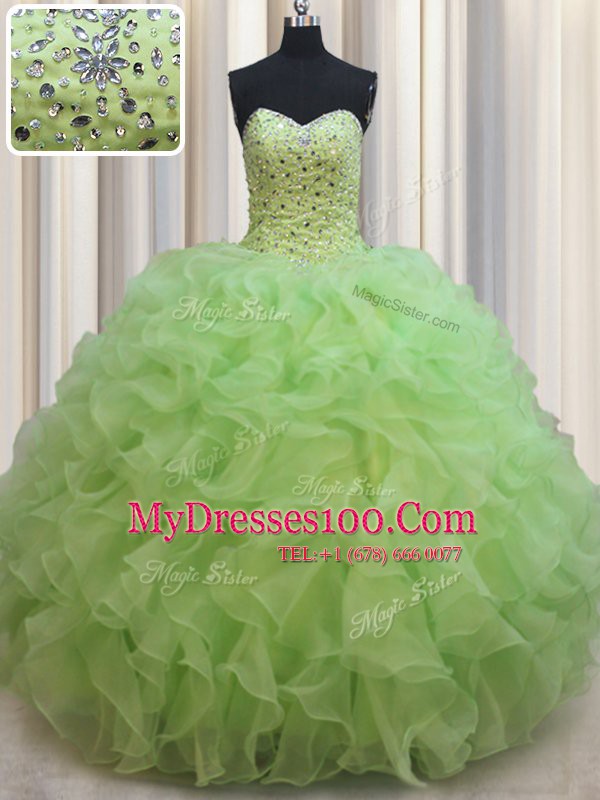 Simple Yellow Green Sweetheart Neckline Beading and Ruffles Sweet 16 Quinceanera Dress Sleeveless Lace Up