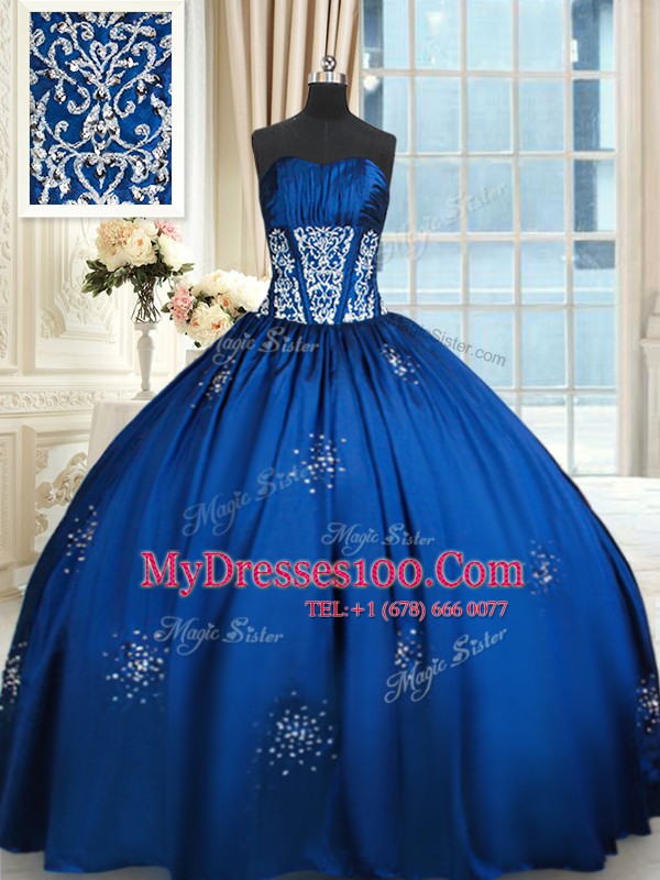Beading Ball Gown Prom Dress Royal Blue Lace Up Sleeveless Floor Length